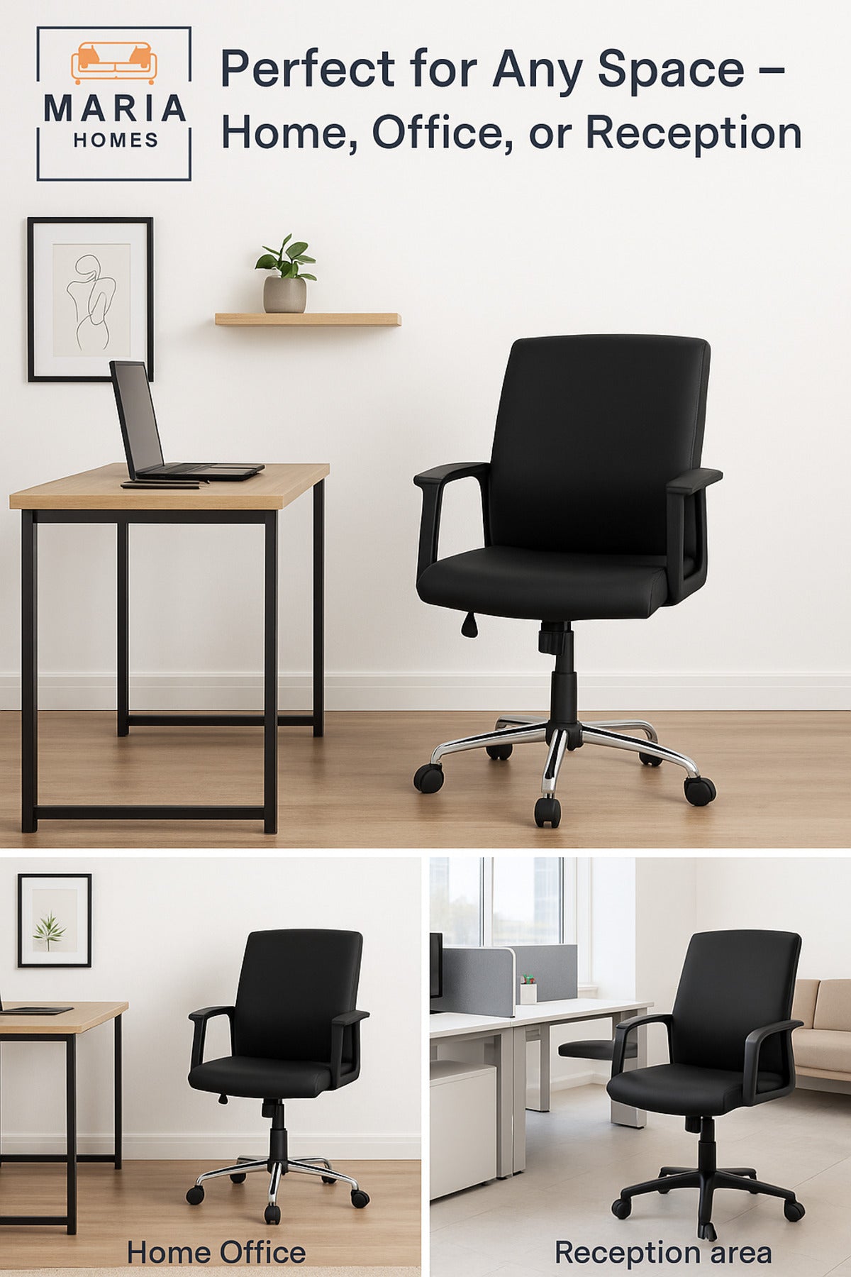 Black Ergonomic Office Chair with Wheels Ð Adjustable Height & Armrests