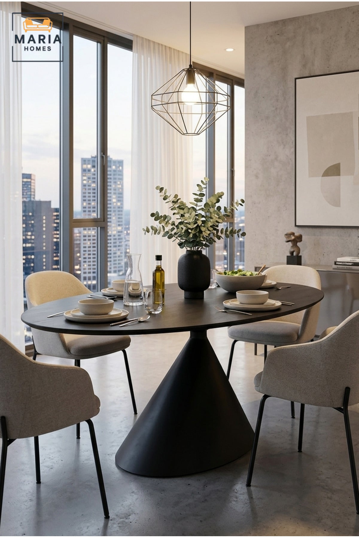 Modern Oval Dining Table with Sculptural Cone Pedestal Base, Contemporary Dining Table for Dining Room, Kitchen, Apartment, Café and Restaurant