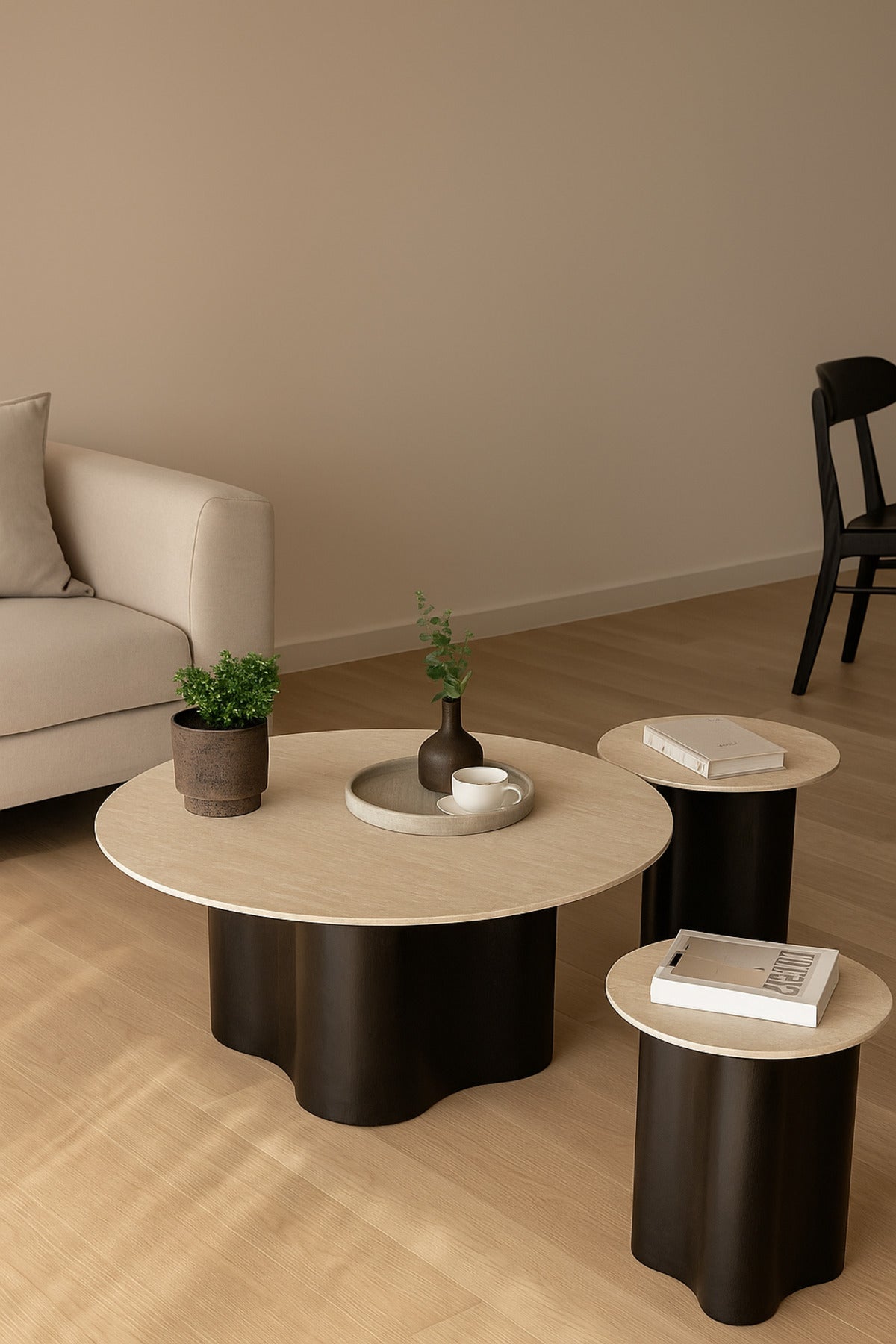 3Piece Round Coffee Table Set Beige Marble Top with Black Base 1 Large + 2 Small Modern Tables