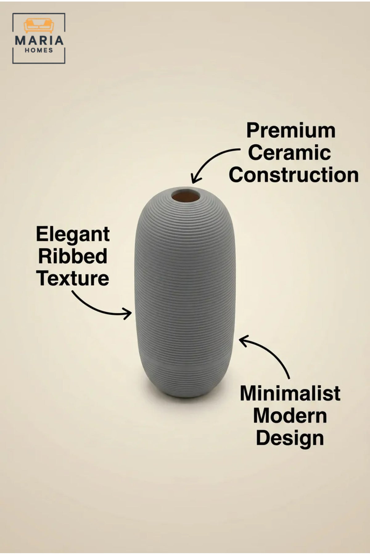 Modern Decorative Flower Vase with Oval Shape, Fine Ribbed Texture and Narrow Opening for Living Room, Bedroom, Office, Shelf and Console Table Décor