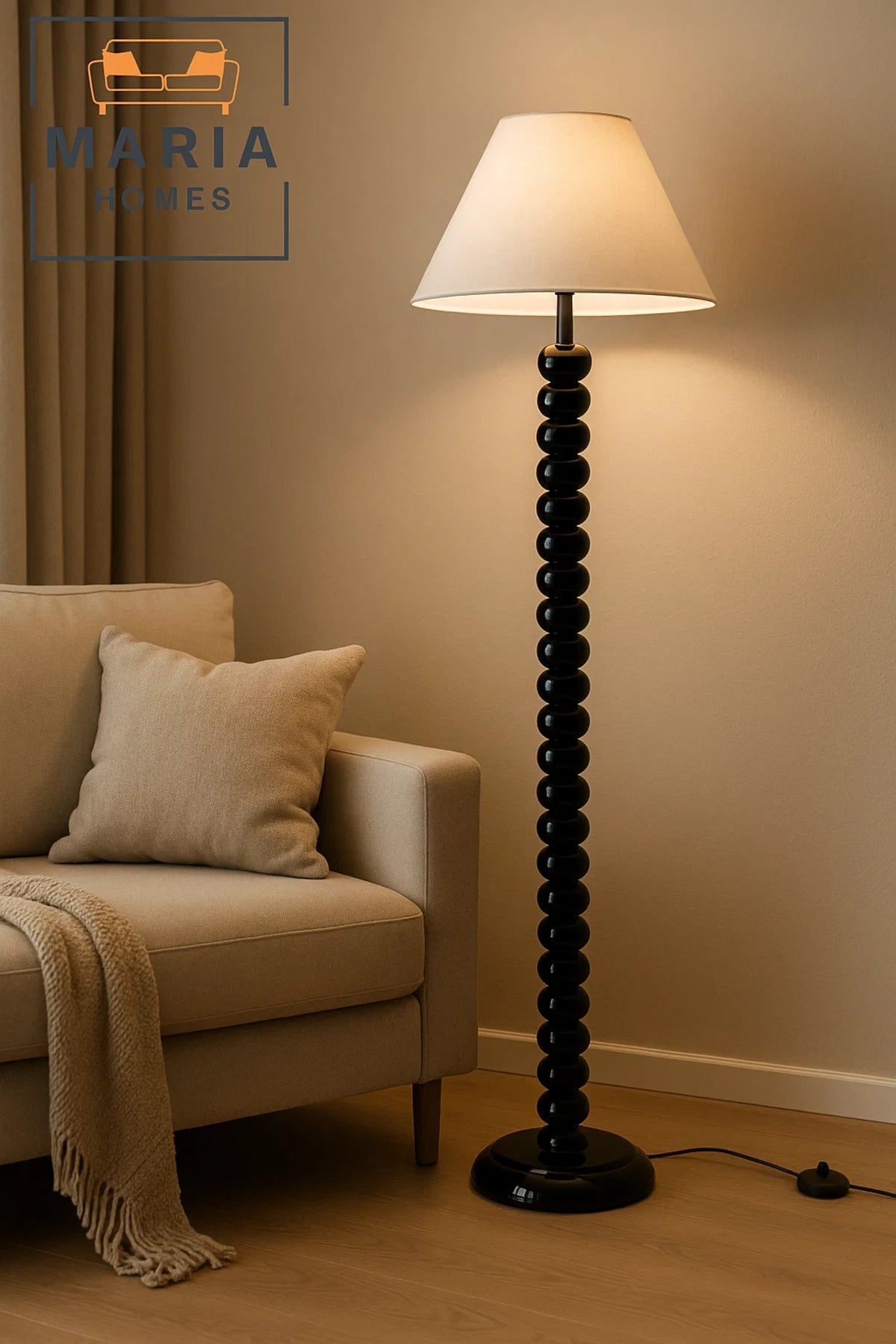 Glossy Black Beaded Floor Lamp with Cone Shade