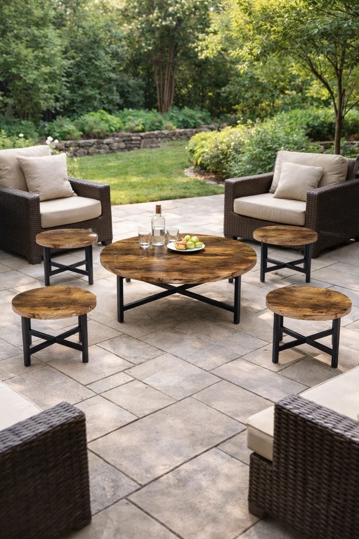Rustic 5-Piece Coffee Table Set with Wooden Top and Black Metal Frame Modern Design for Living Room