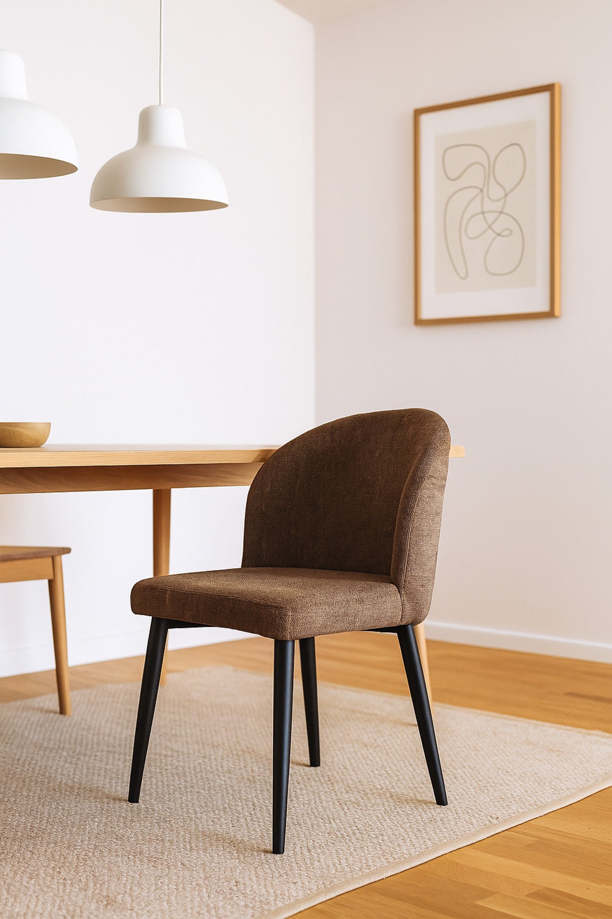 Brown Fabric Dining Chair Modern Upholstered Curved Back Chair with Black Metal Legs for Dining Room