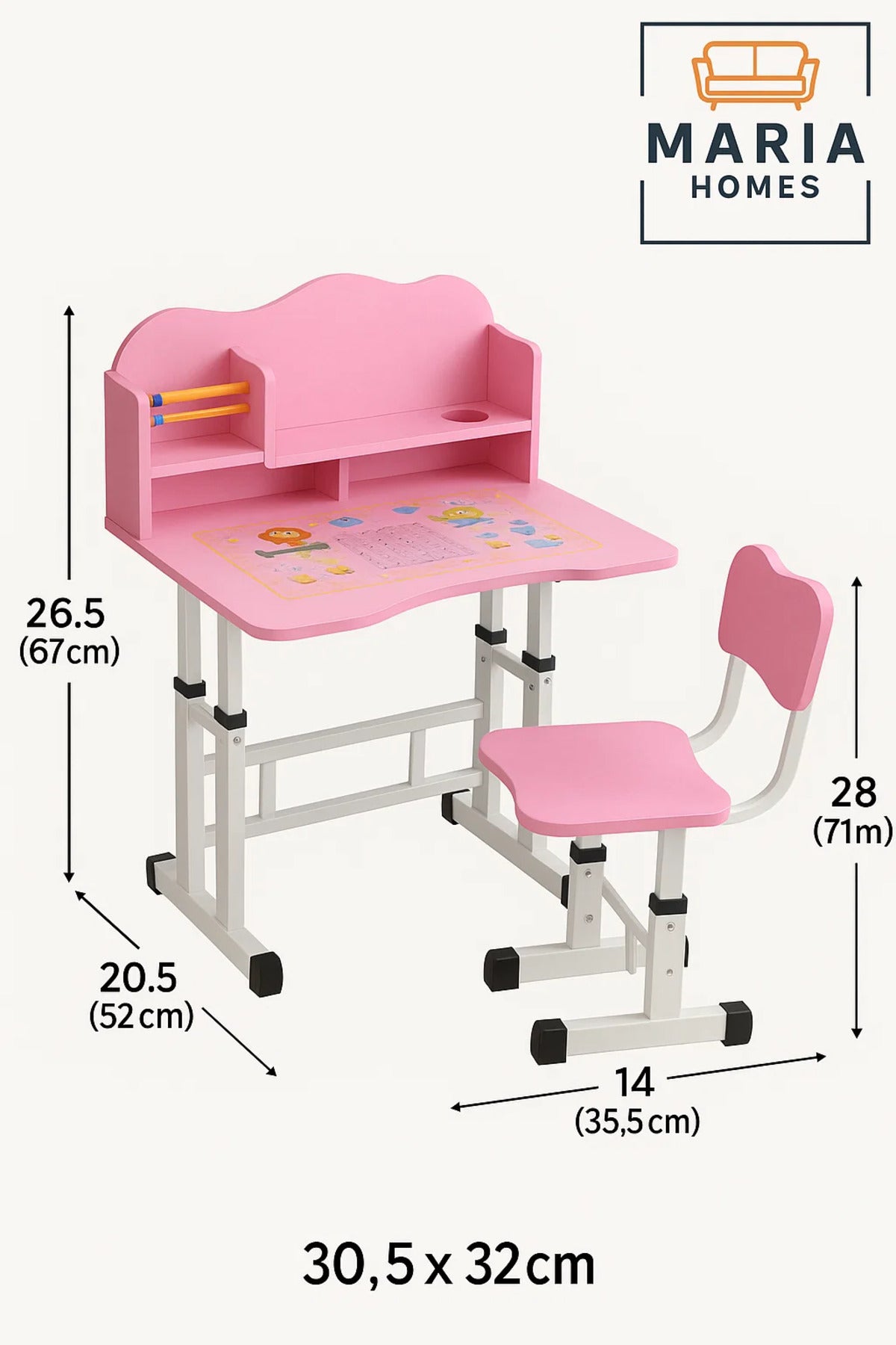 Pink Adjustable Kids Study Desk and Chair Set with Storage Shelf and Abacus