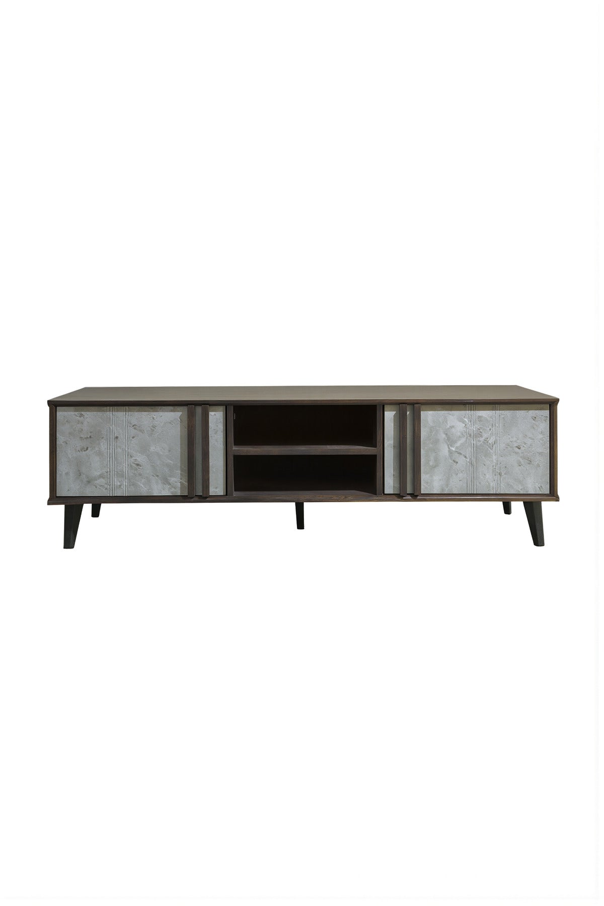 Modern BROWN&GREY TV table with Concrete Panel Doors & Open Storage Shelf