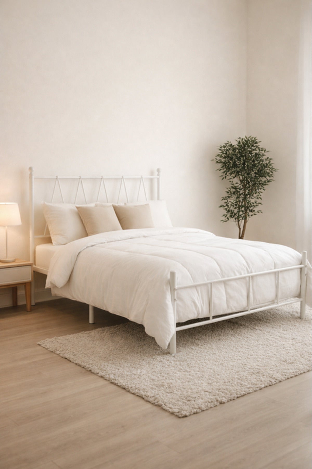 White Metal Bed without metras Frame size with Geometric Headboard
