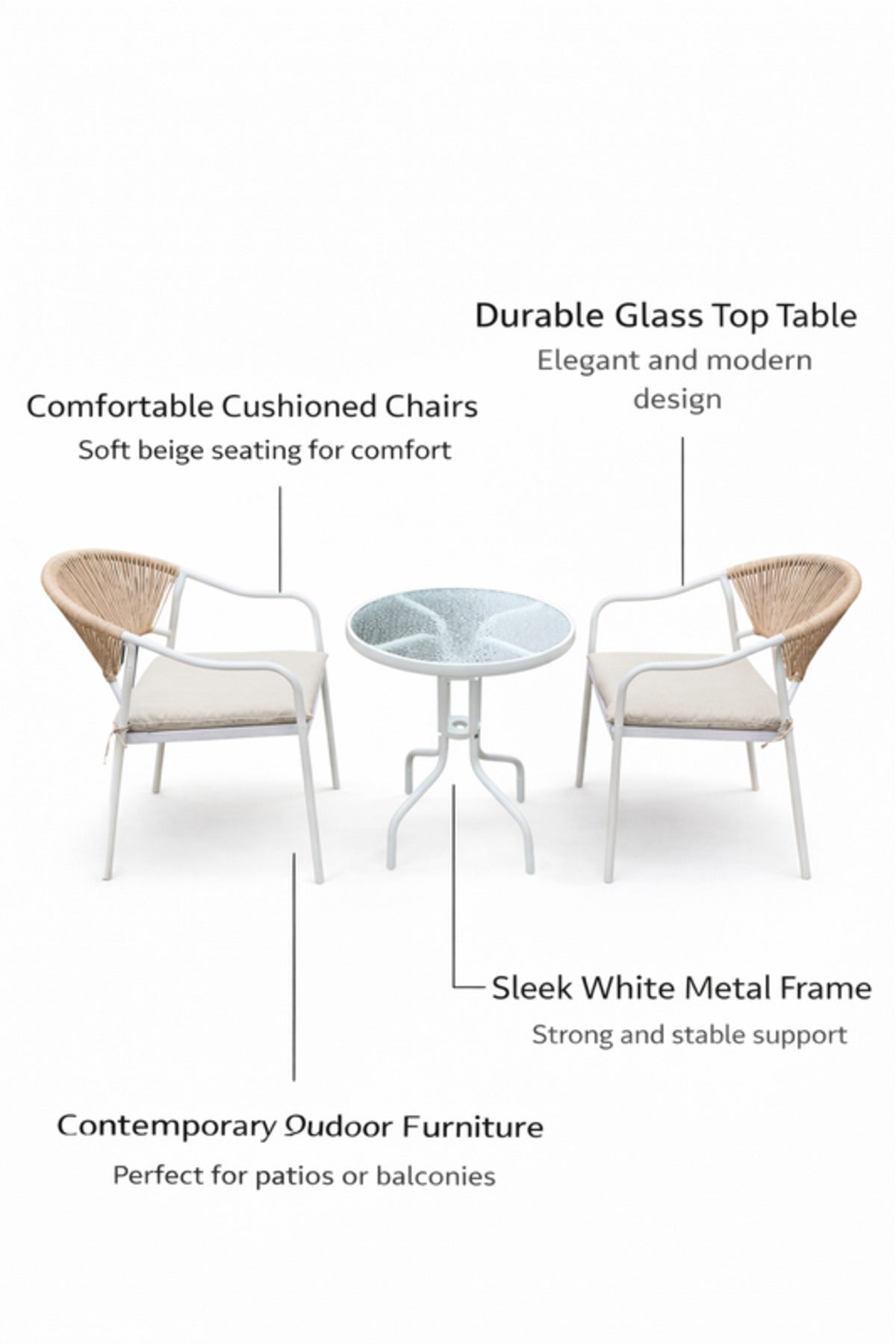 Modern 3-Piece Patio Bistro Set White Metal Frame Rope Chairs Glass Table for Balcony Garden