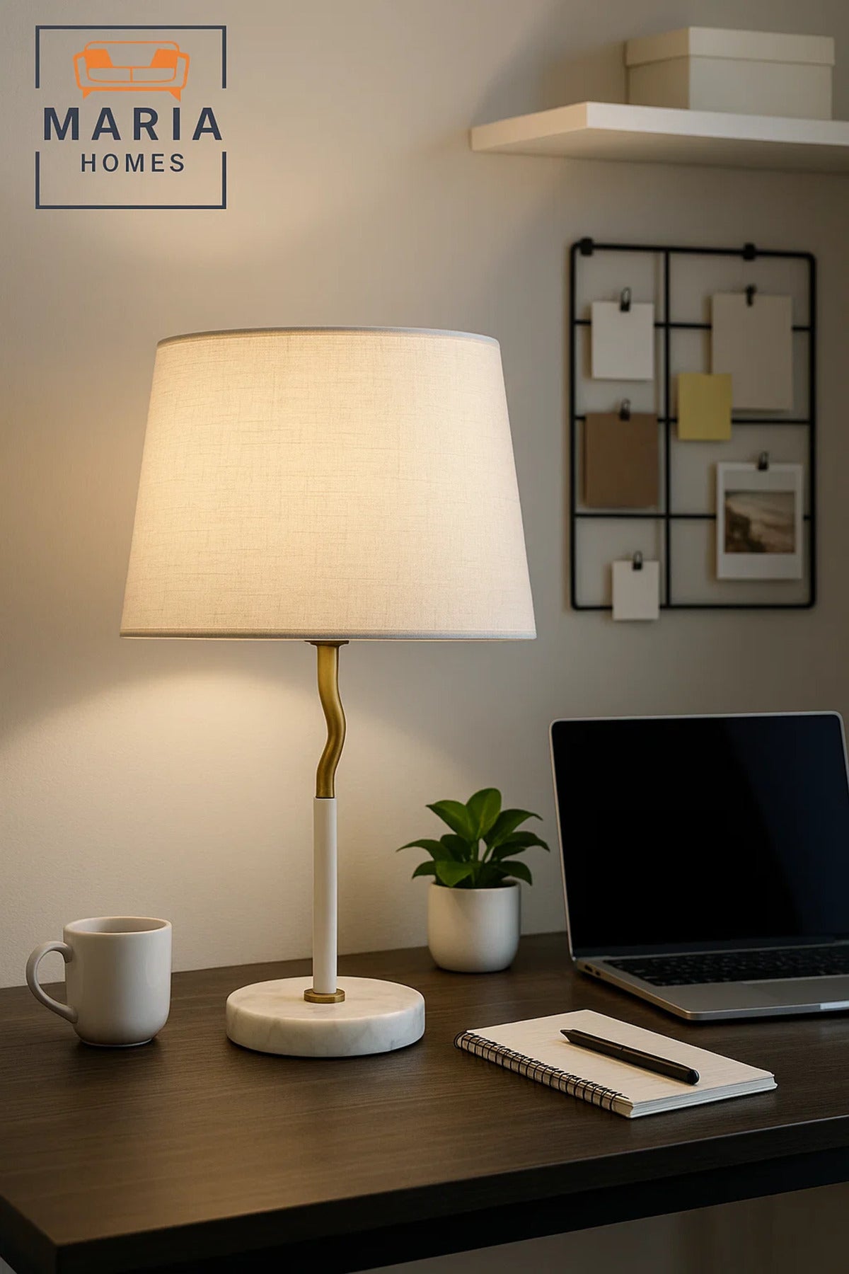 White Marble Table Lamp with Curved Gold Neck