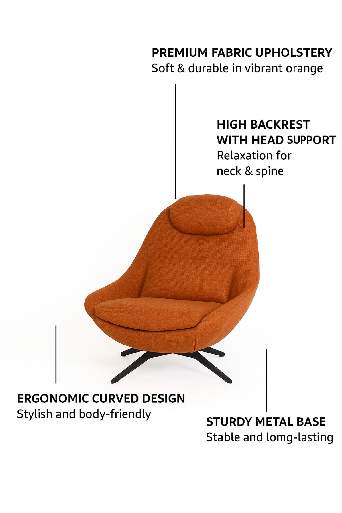 Orange Fabric Lounge Chair with Cushion & Headrest Ð Modern Living Room Accent Chair