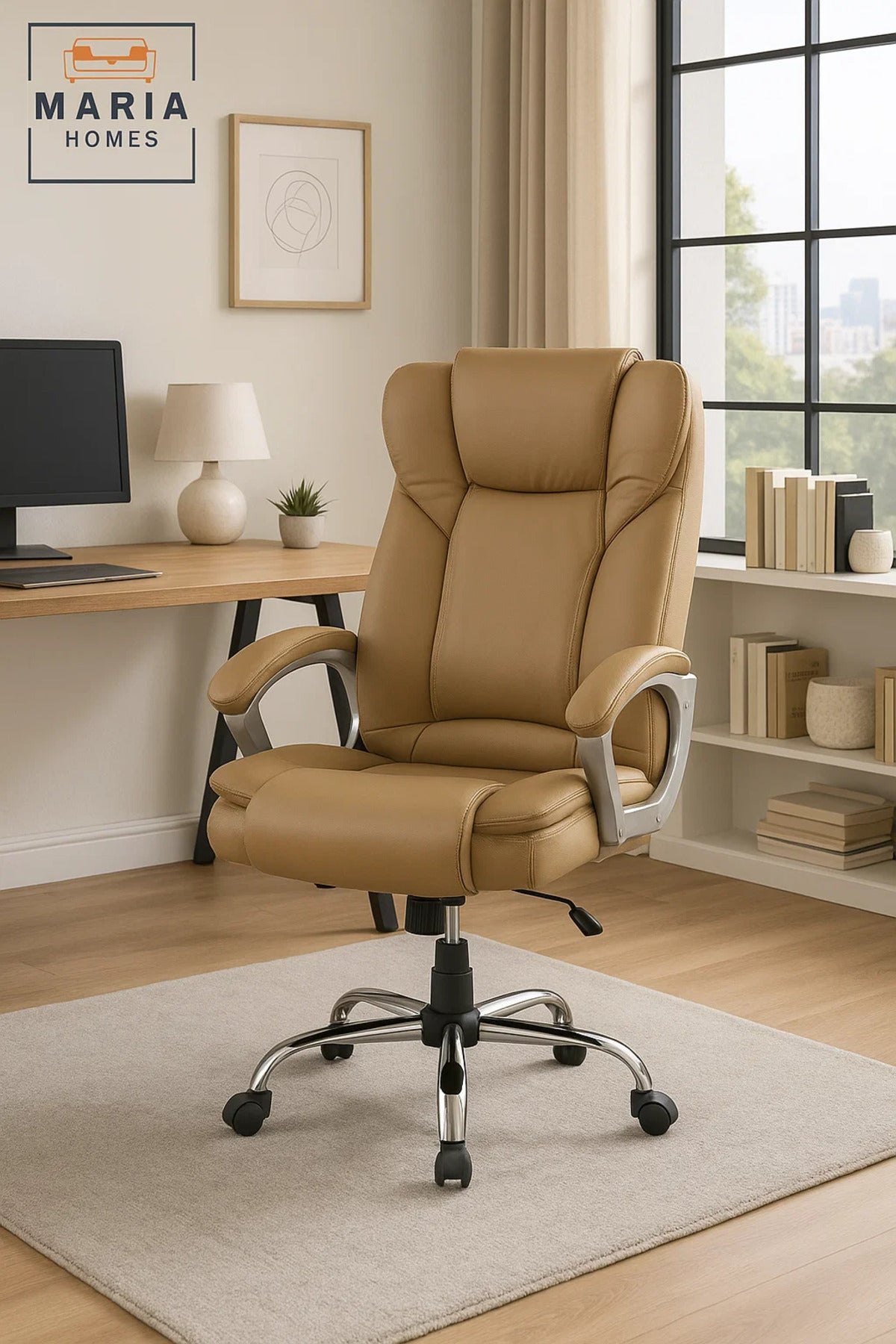 Beige Executive Office Chair With High Back And Padded Support For Home Or Workplace Comfort