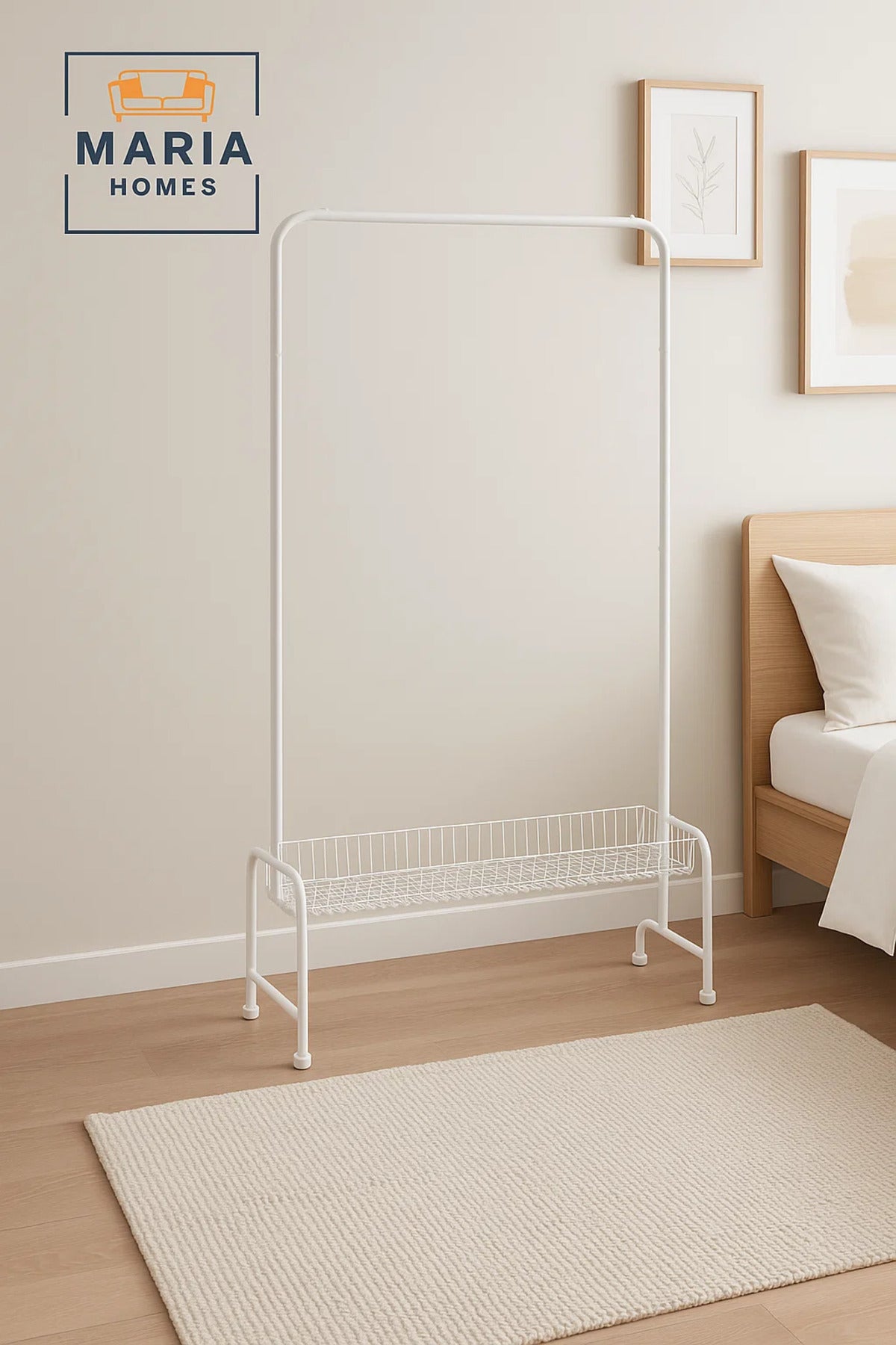 White Steel Garment Rack with Rolling Base and Wire Storage Shelf