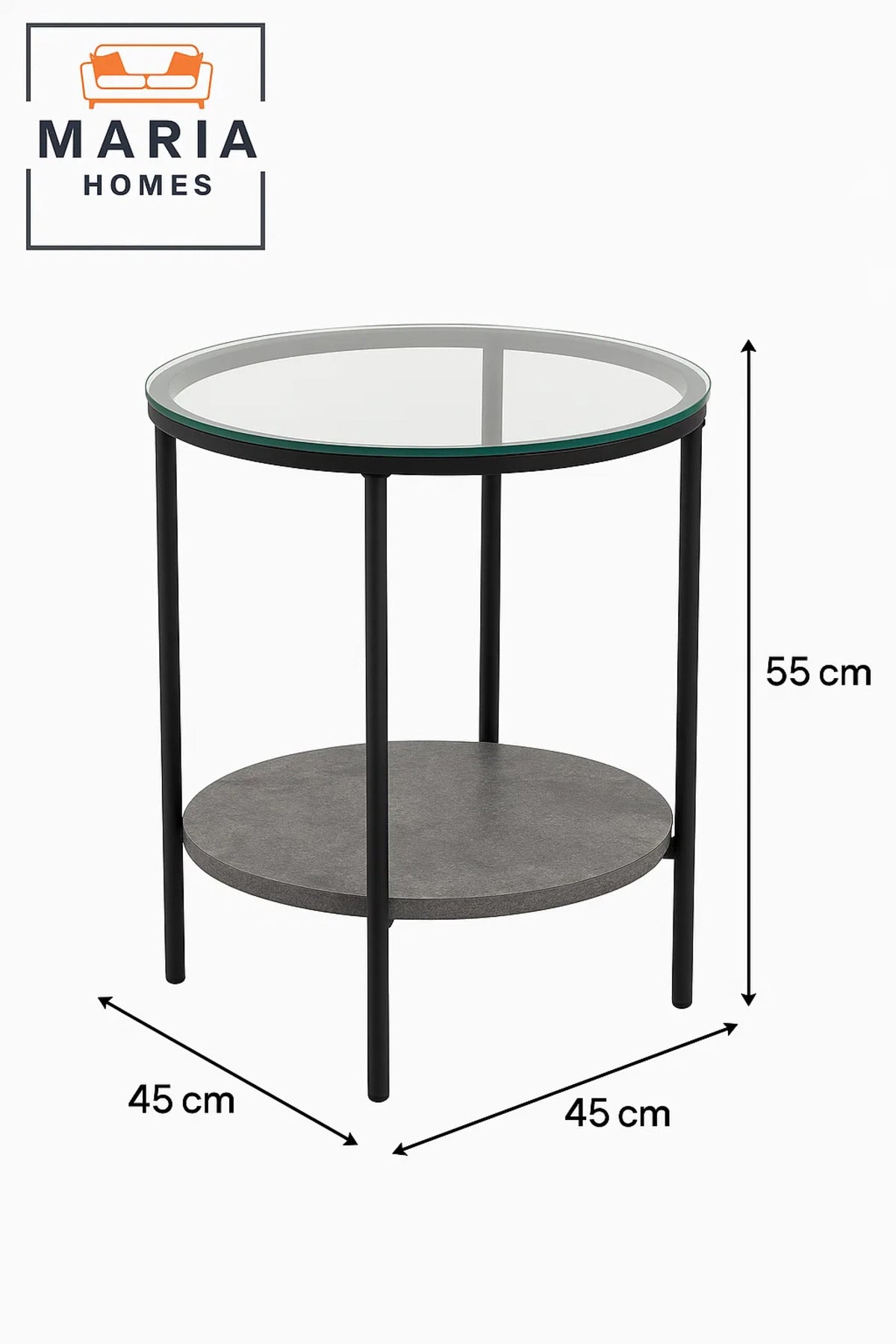 Round Glass Side Table with Stone Shelf and Black Metal Frame