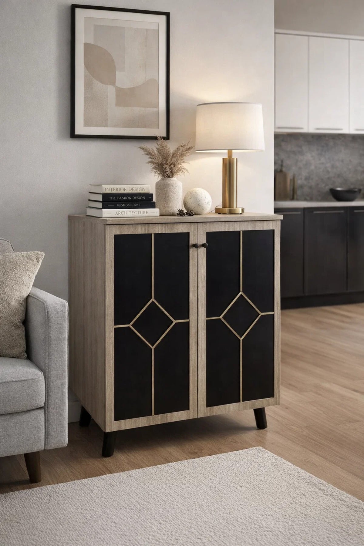 Elegant Two Door Shoe Cabinet Geometric Design Beige and Black Hallway Storage Organizer Unit Stand