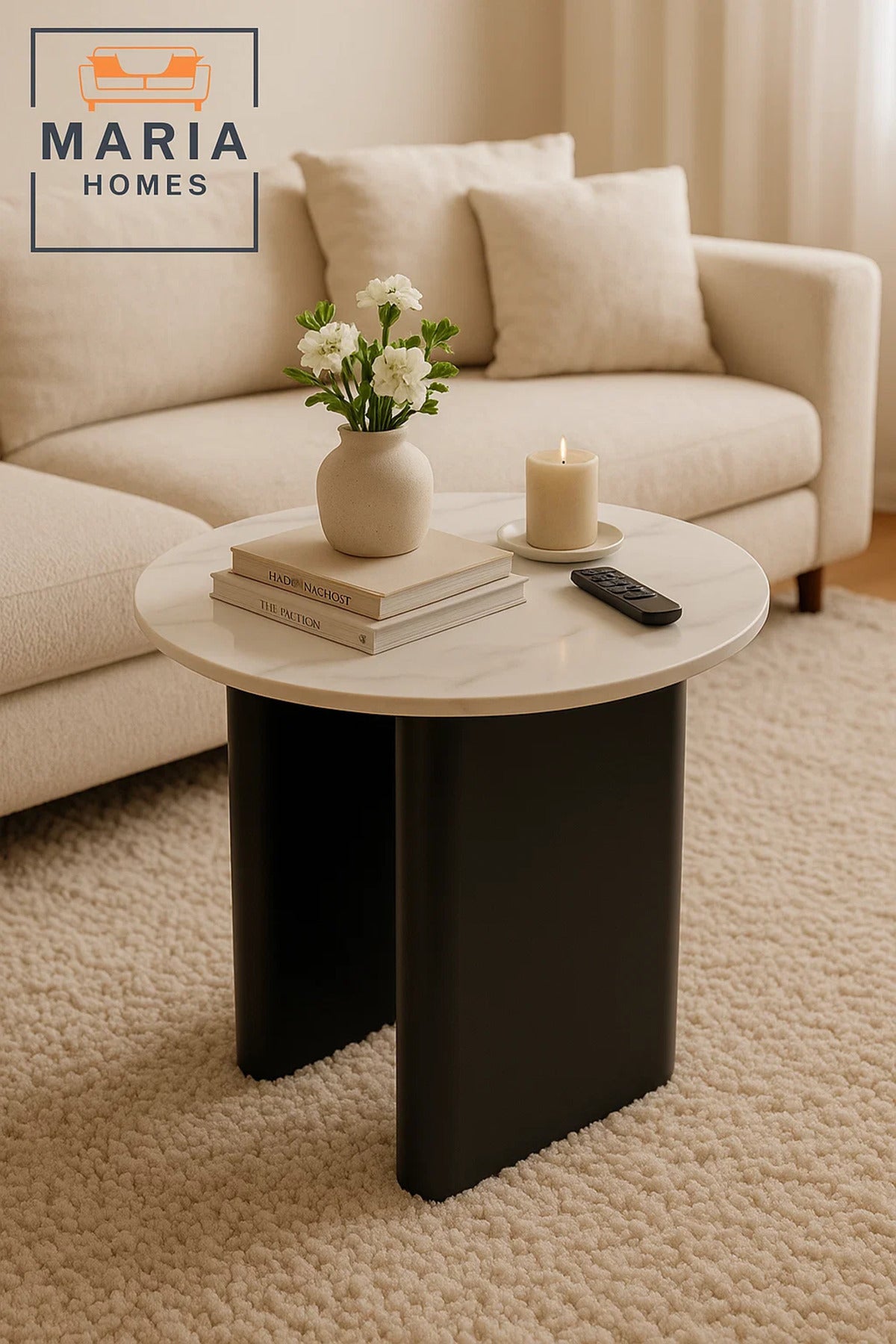 Compact Round Side Table with White Marble Top and Black Base Modern Accent Table for Any Room