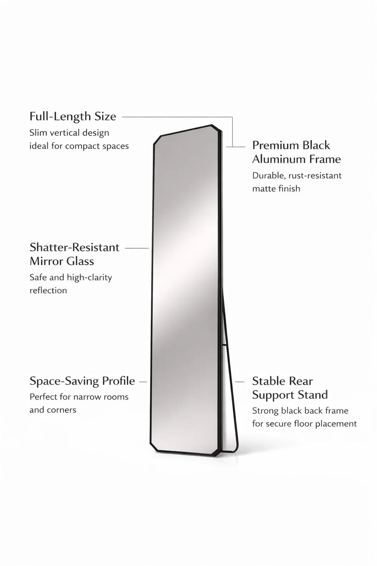 Black Aluminum Floor Mirror Full Length Standing Break Resistant 160x40cm Modern Home Bedroom Design