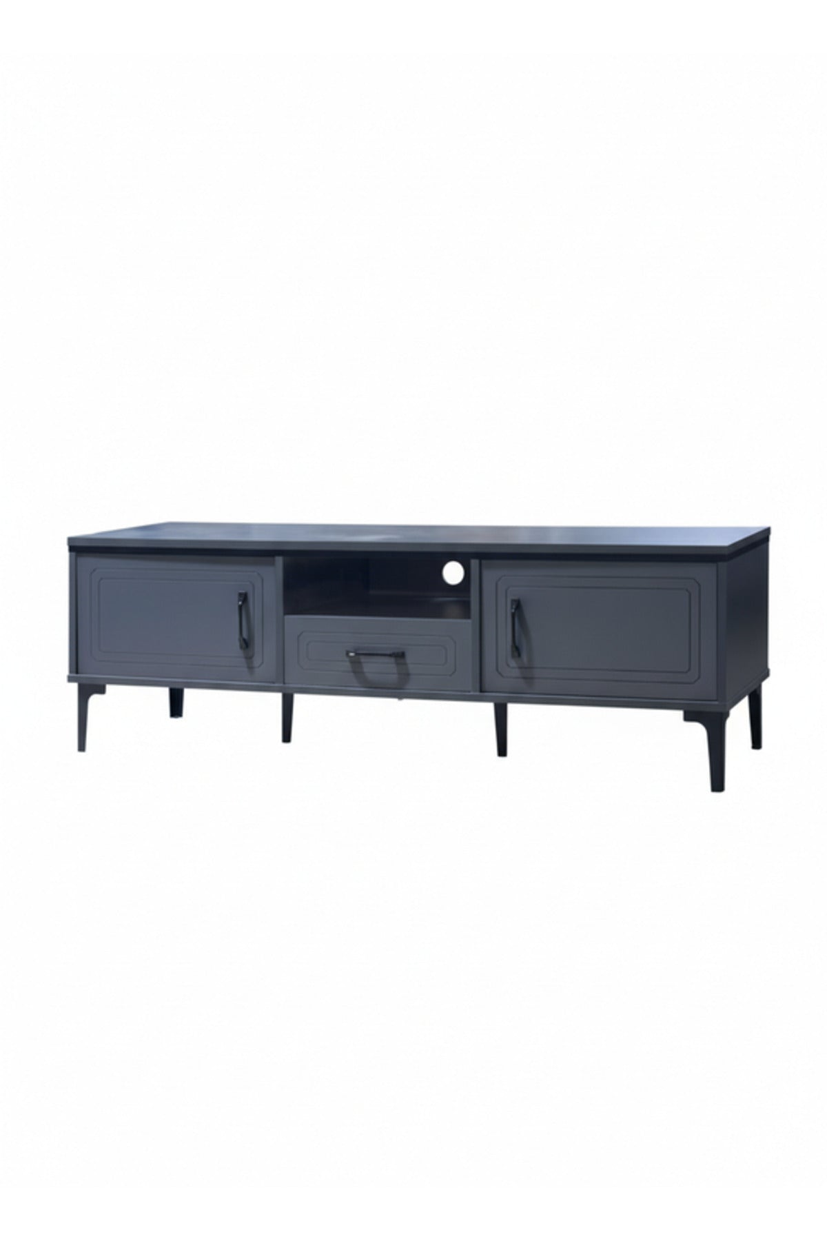 Sleek Dark Grey TV Table with Storage Drawers and Open Shelf