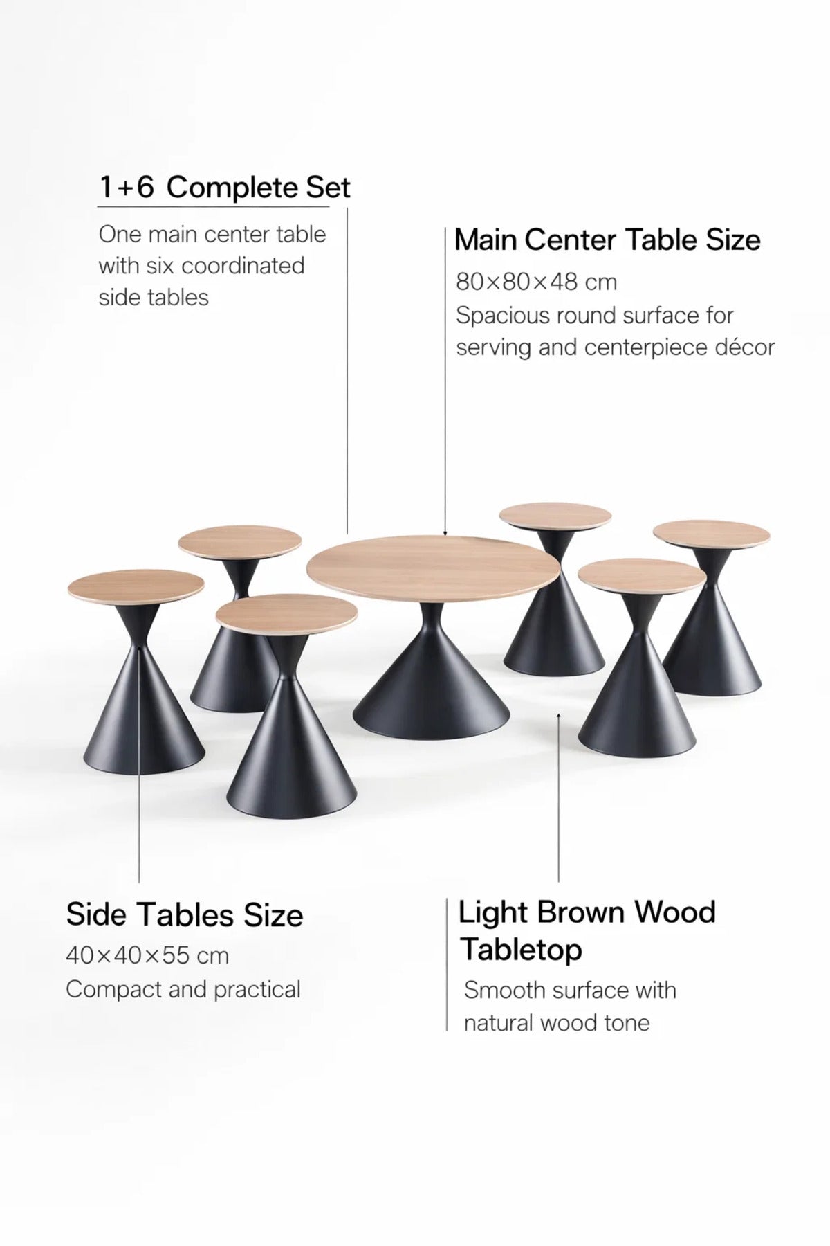 Modern 7-Piece Center Table Set 1 Large 6 Small Round Coffee Tables Light Brown Top Dark Base