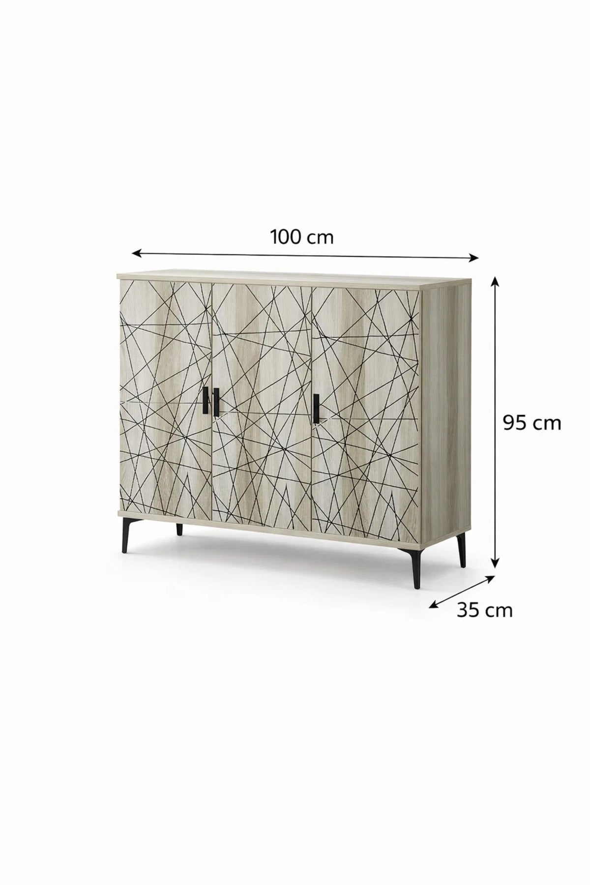 Stylish Geometric Shoe Cabinet 3 Door White Oak Finish with Black Metal Legs for Modern Home Entry