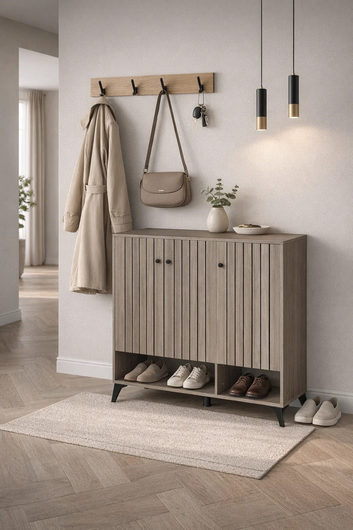 Modern Grey Slatted Shoe Cabinet with Three Doors and Open Bottom Shelf for Hallway Storage 100cm