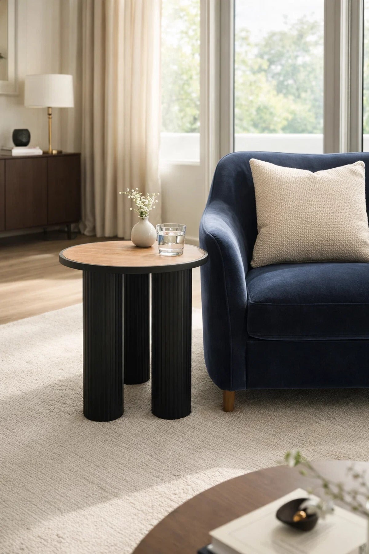 Modern Round Side Table Black Fluted Base Wood Top Living Room Accent End Table Nightstand