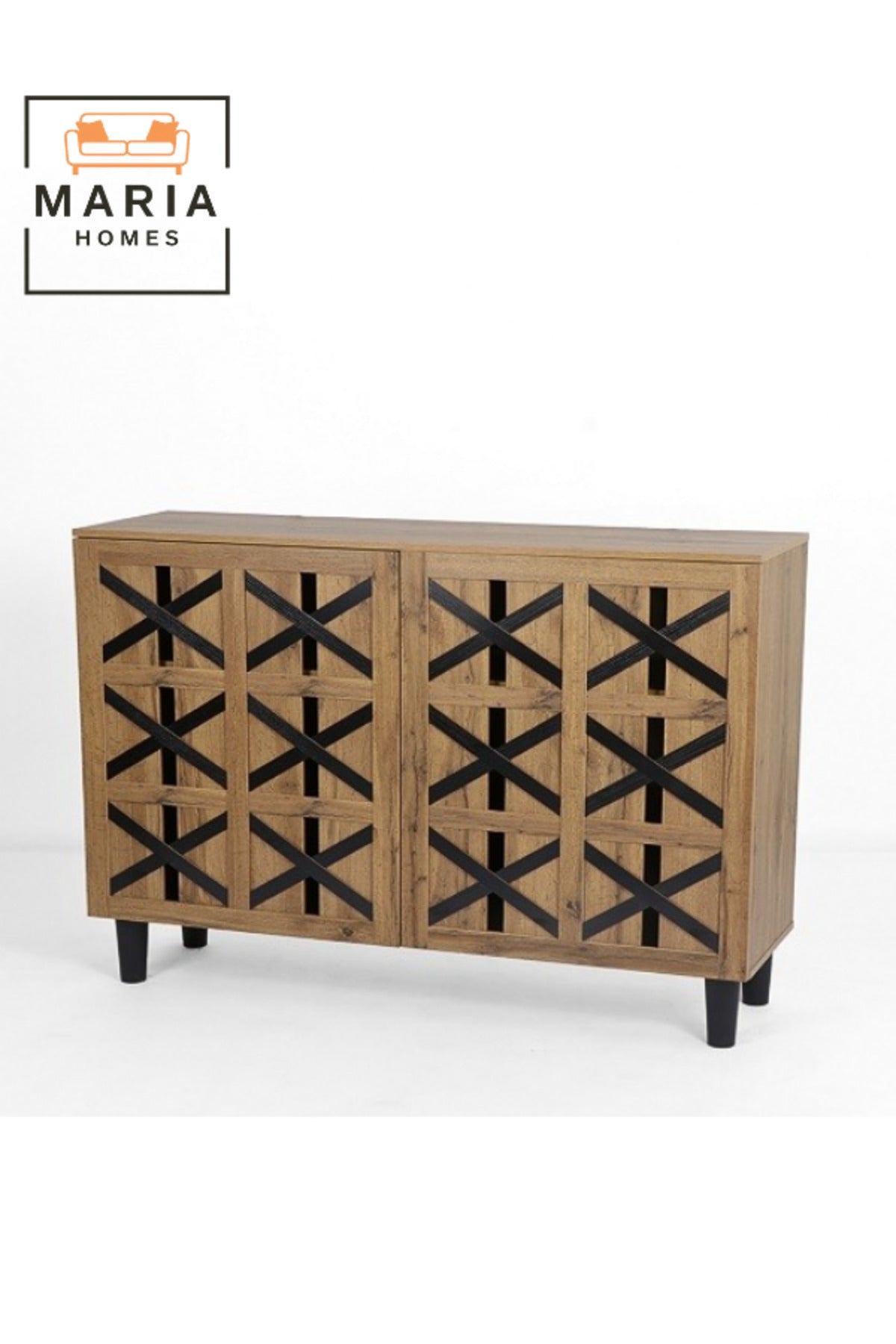 Large Rustic Shoe Rack Cabinet with Black Cross Design Ð 4-Door Wooden Storage Unit for Entryway
