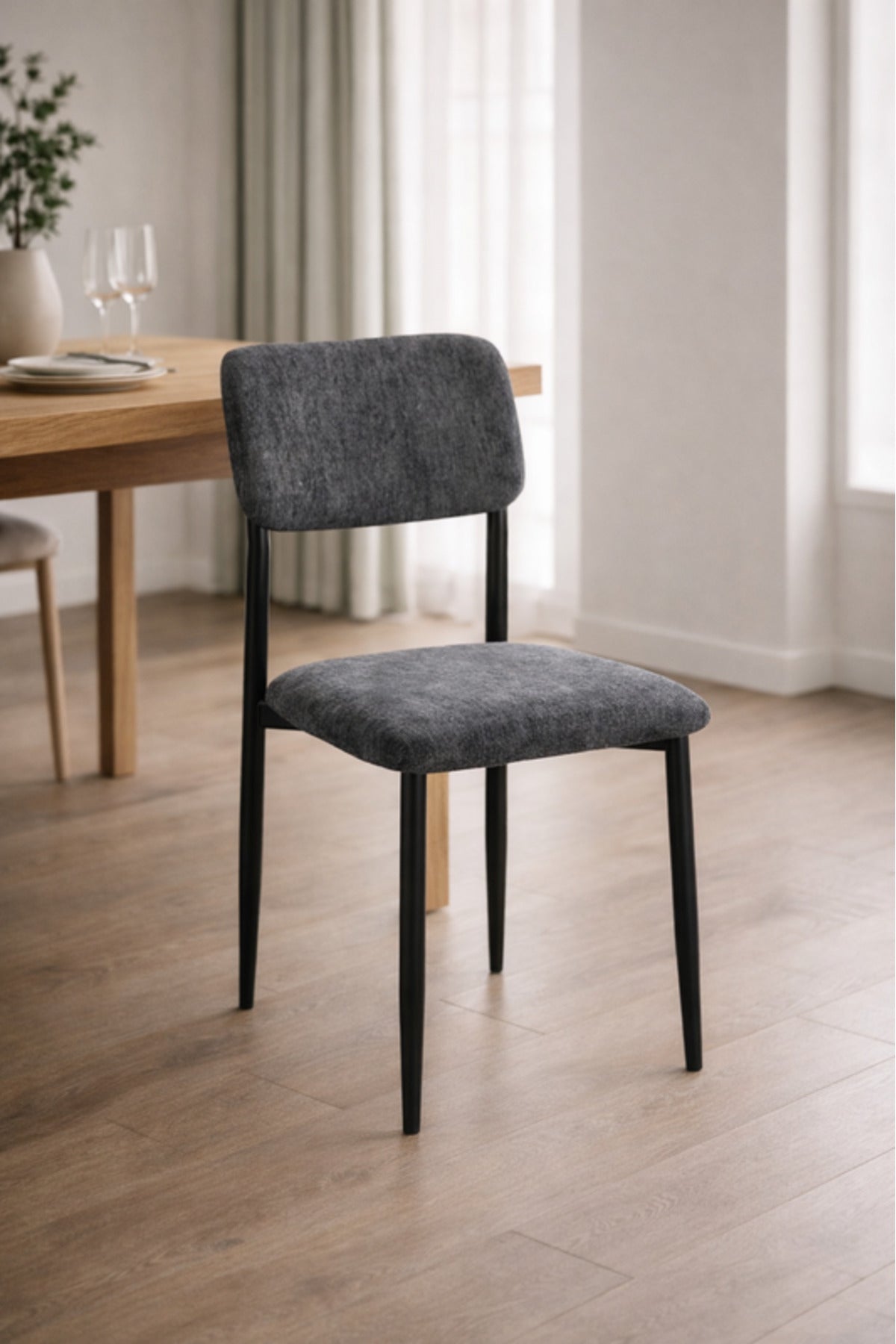 Dark Grey Upholstered Dining Chair with Black Metal Legs Modern Room dark grey