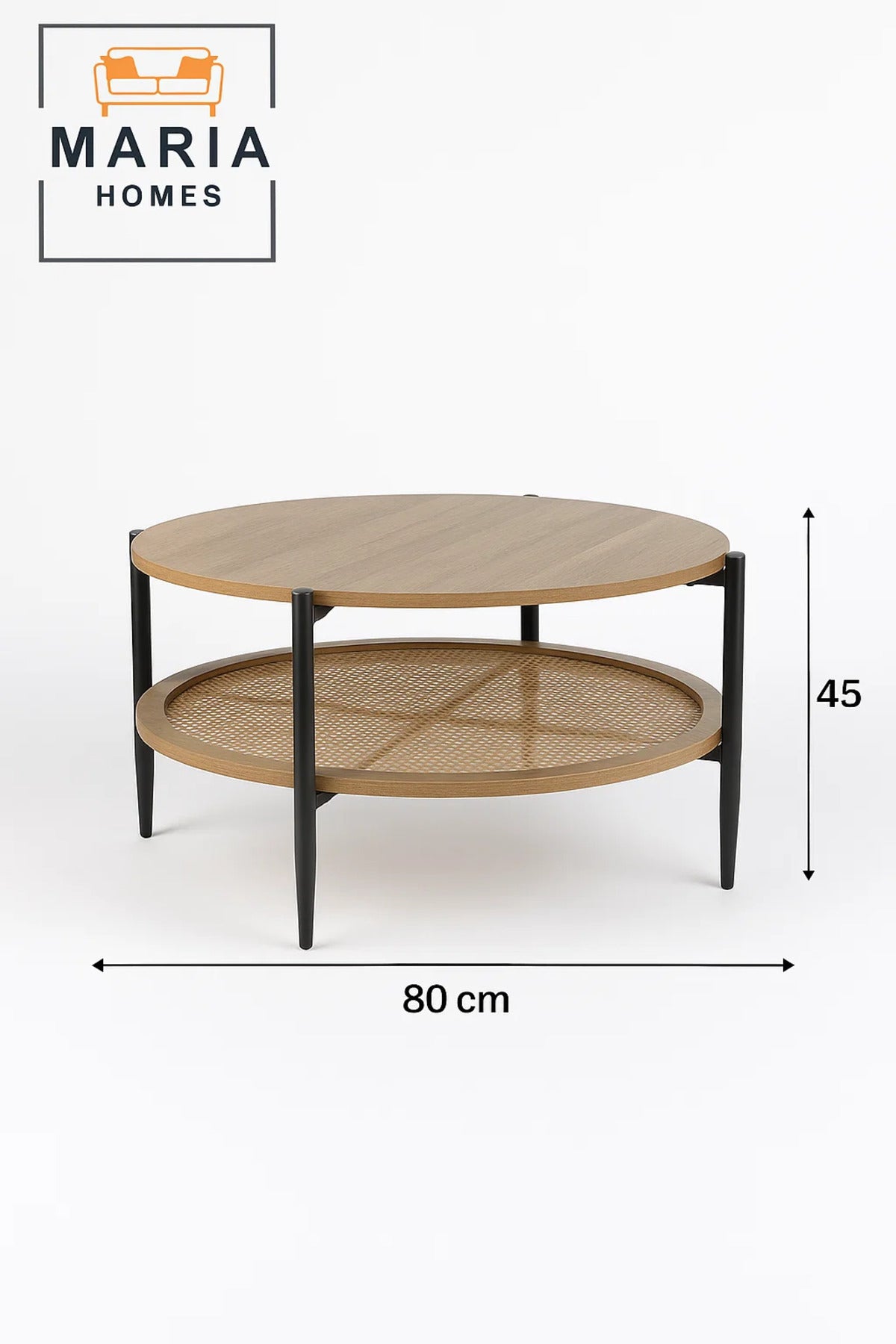 Wood grain coffee table with round rattan storage shelf