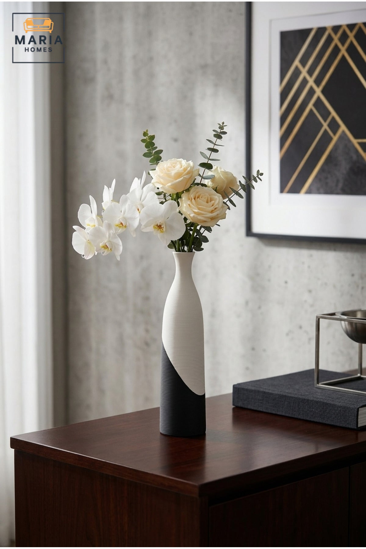 Modern Tall Decorative Flower Vase with Two-Tone Abstract Design, Slim Bottle Shape and Ribbed Texture for Living Room, Bedroom, Office and Console Décor