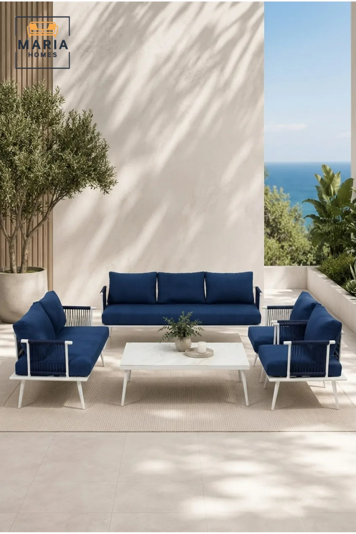 5-Piece Outdoor Patio Conversation Set with Navy Blue Cushions & White Aluminum Frame √ê Modern Garden Lounge Furniture