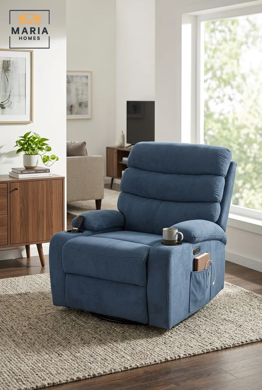 Dark Blue Recliner Chair with Cup Holders Ð Soft Fabric, Swivel & Recline