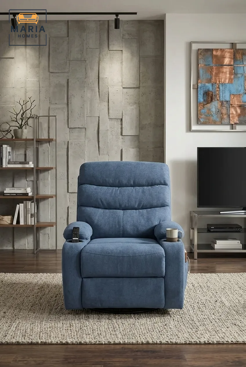 Dark Blue Recliner Chair with Cup Holders Ð Soft Fabric, Swivel & Recline