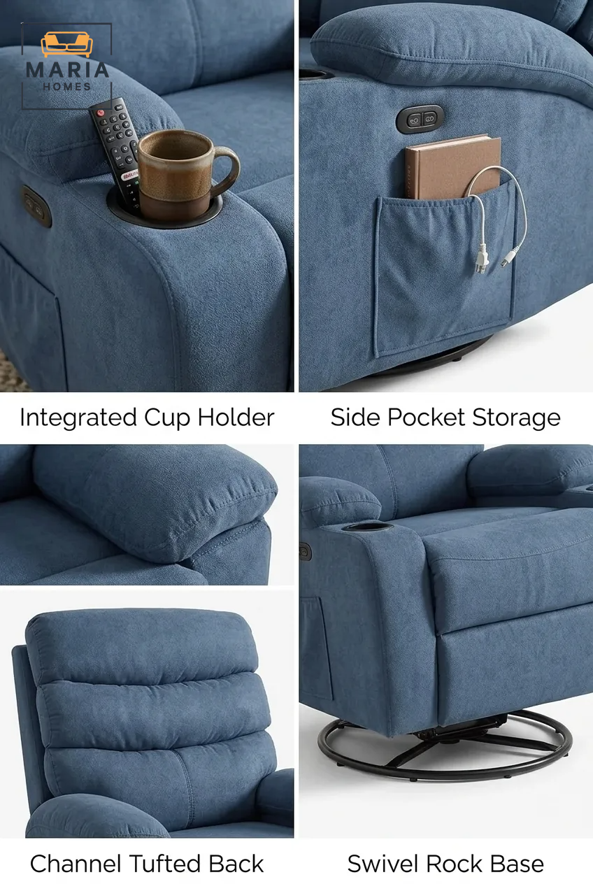 Dark Blue Fabric Recliner Chair with Swivel Base and Reclining Footrest for Home Comfort Use