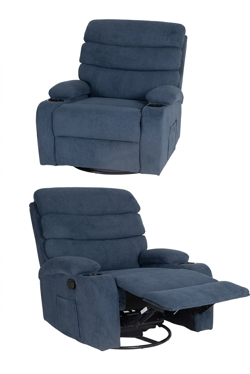 Dark Blue Fabric Recliner Chair with Swivel Base and Reclining Footrest for Home Comfort Use