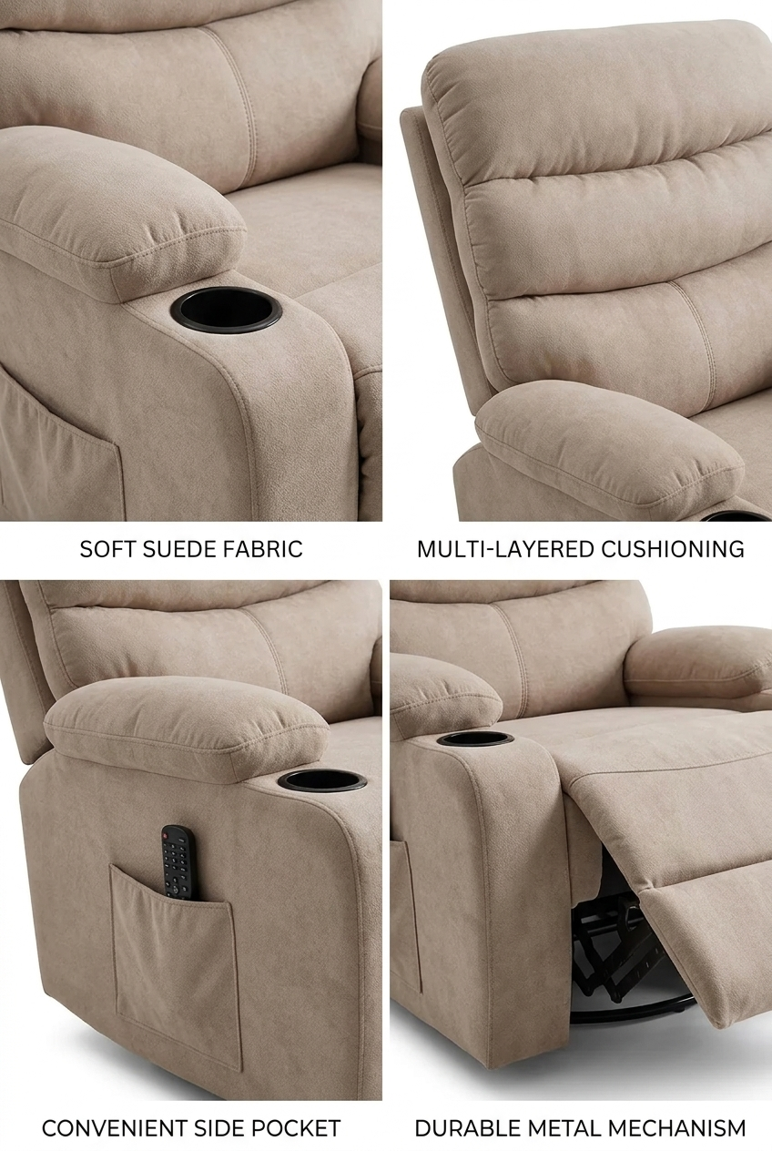 MARIA HOMES Swivel Glider Recliner Chair, Beige Fabric, Cup Holders, Padded Armrests, Manual Recline