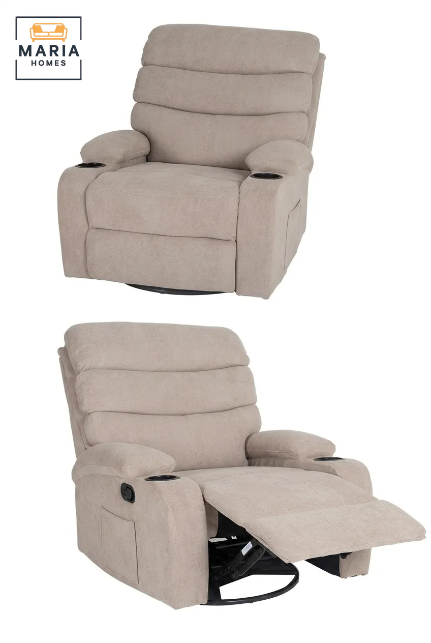 MARIA HOMES Swivel Glider Recliner Chair, Beige Fabric, Cup Holders, Padded Armrests, Manual Recline