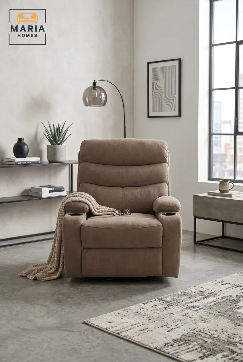 MARIA HOMES Manual Recliner Chair, Beige, Padded Upholstery with Cup Holders, Single Seater