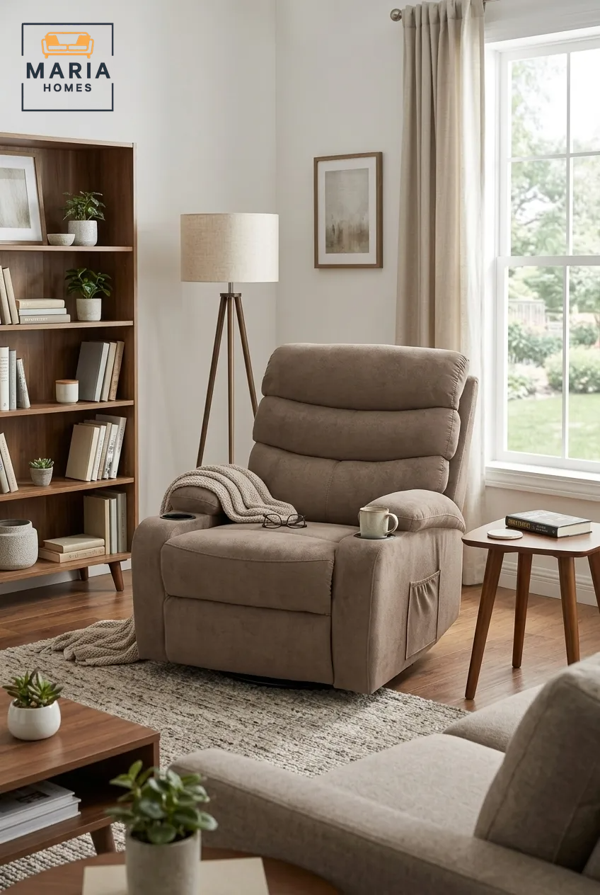 MARIA HOMES Manual Recliner Chair, Beige, Padded Upholstery with Cup Holders, Single Seater