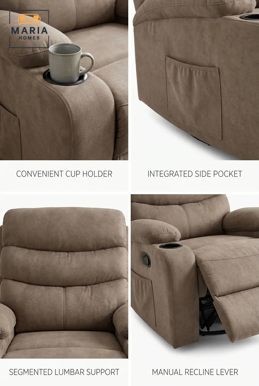 MARIA HOMES Manual Recliner Chair, Beige, Padded Upholstery with Cup Holders, Single Seater