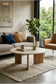 Modern Round Coffee Table with Wooden Top and Sculptural Panel Legs, Contemporary Center Table for Living Room, Lounge, Apartment and Office