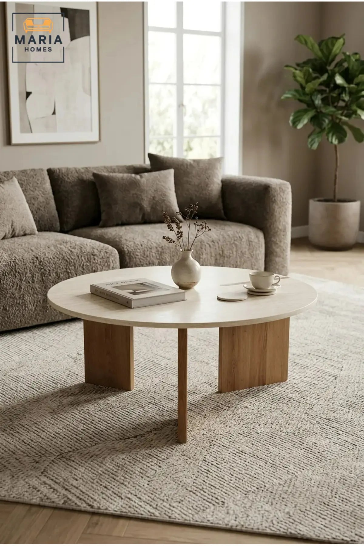 Modern Round Coffee Table with Wooden Top and Sculptural Panel Legs, Contemporary Center Table for Living Room, Lounge, Apartment and Office
