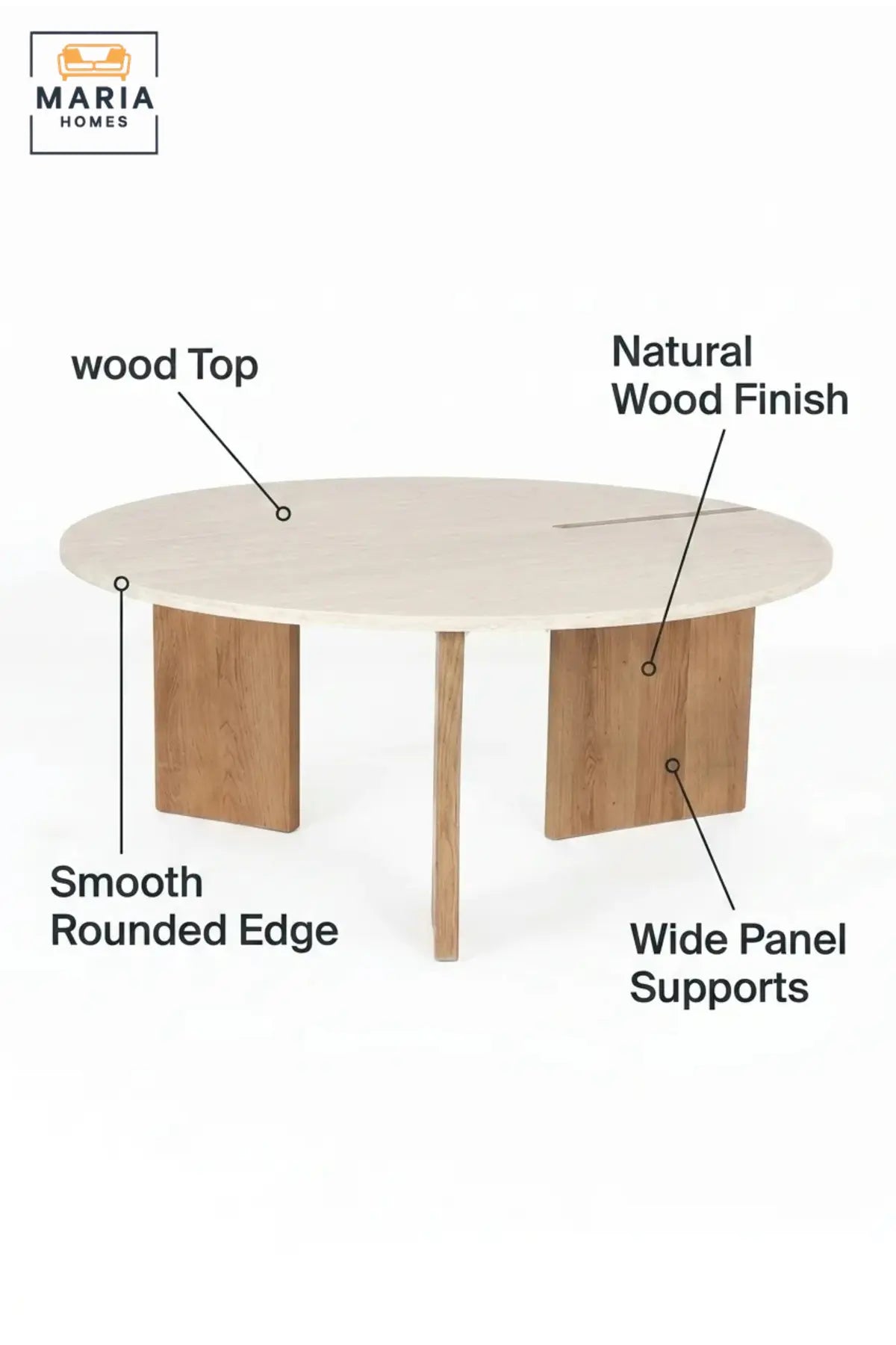 Modern Round Coffee Table with Wooden Top and Sculptural Panel Legs, Contemporary Center Table for Living Room, Lounge, Apartment and Office
