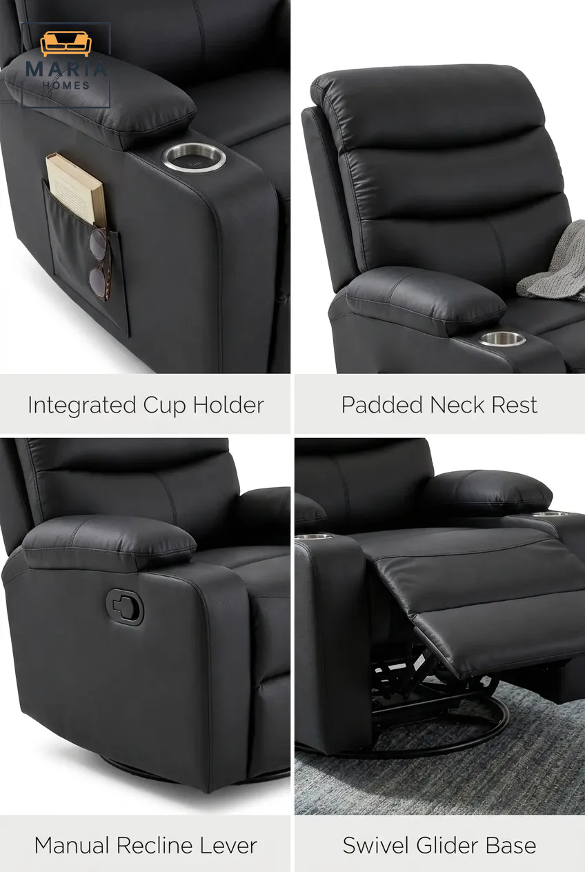 MARIA HOMES Black Leather Recliner Chair, Padded Armrests, Swivel Base, Single Seater