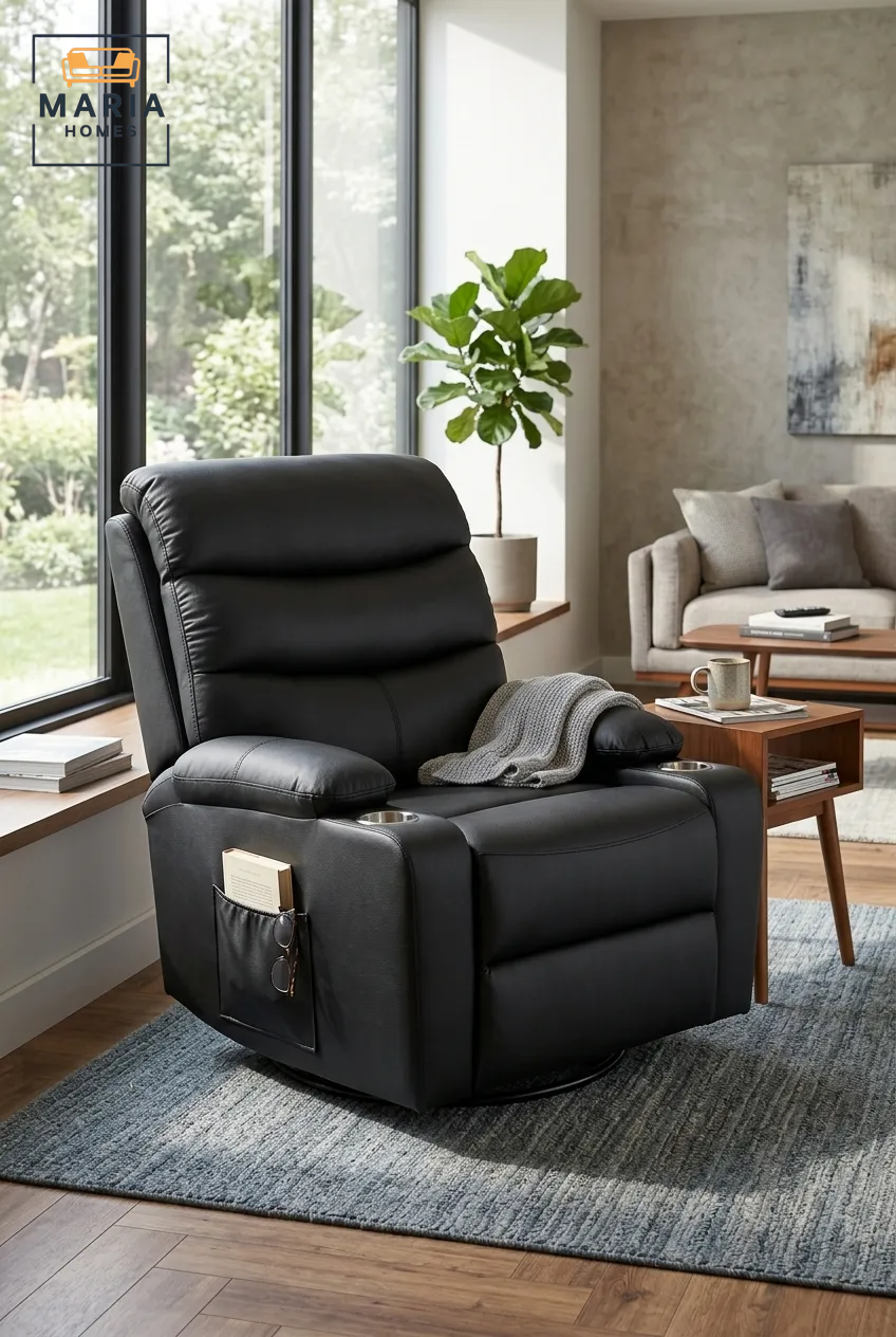 MARIA HOMES Black Leather Recliner Chair, Padded Armrests, Swivel Base, Single Seater