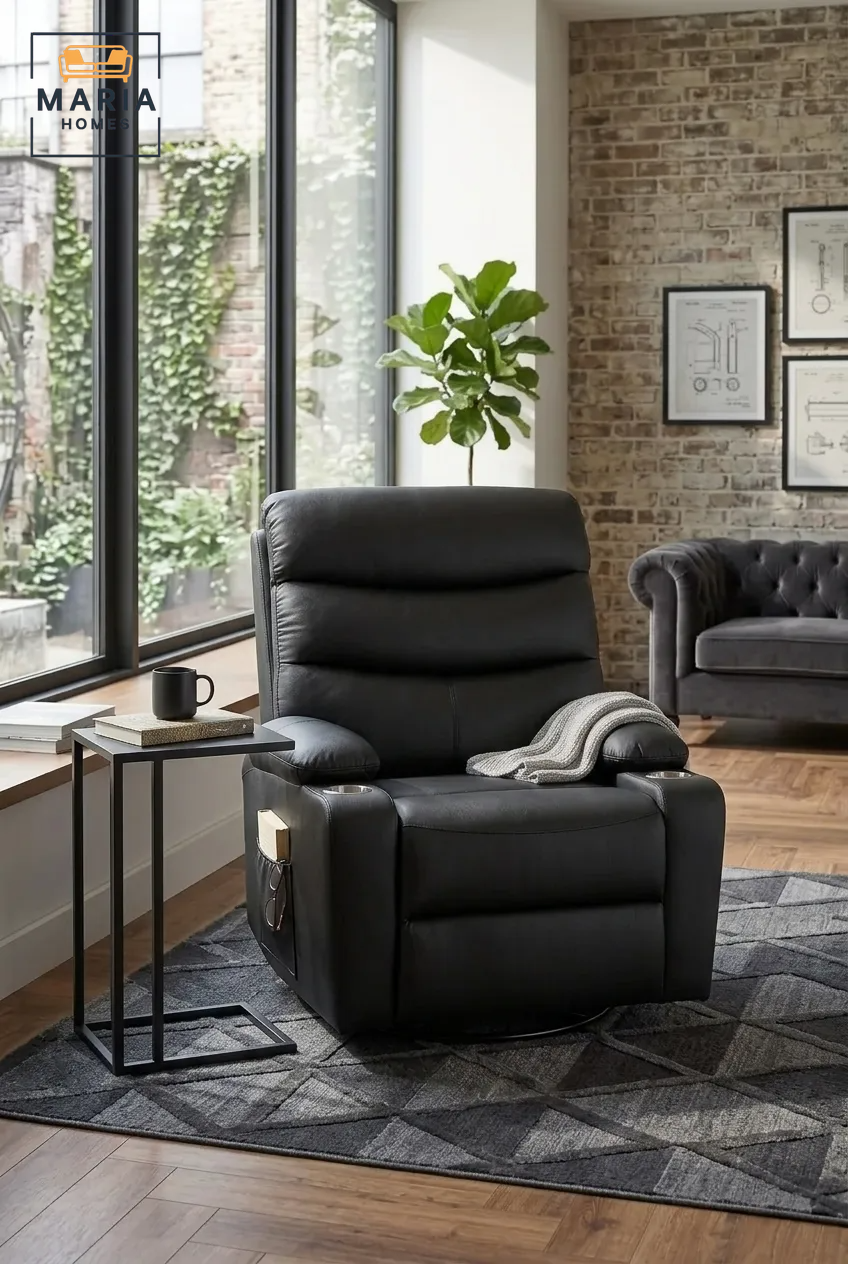 MARIA HOMES Black Leather Recliner Chair, Padded Armrests, Swivel Base, Single Seater