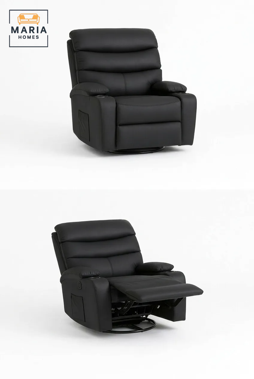 MARIA HOMES Black Leather Recliner Chair, Padded Armrests, Swivel Base, Single Seater